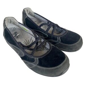 Ahnu Women's Sz 9.5 Black Suede Mary Jane Strappy Wedge Loafers Clogs Shoes